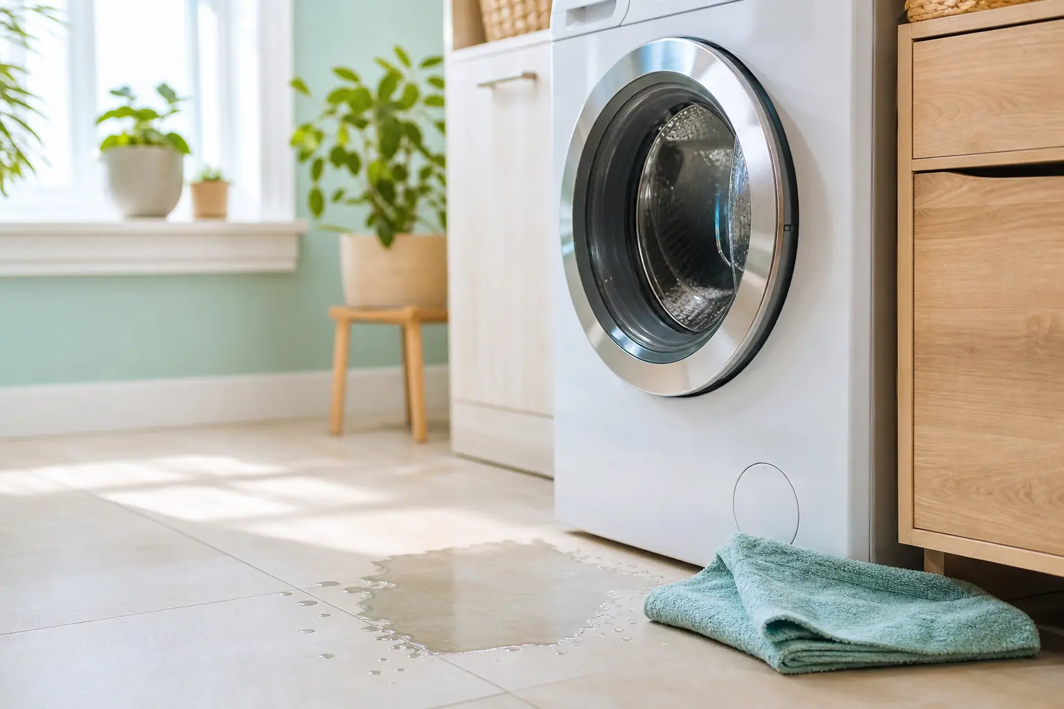 Helle Waschküche mit Waschmaschine und kleiner Wasserlache auf dem Fliesenboden
