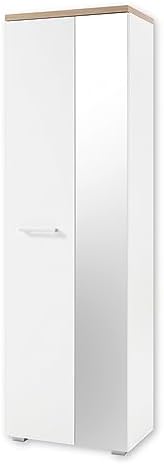 Stella Trading Garderobenschrank mit Spiegel in Weiß, Artisan Eiche Optik - Moderner Flurgarderoben Schrank mit viel Stauraum - 60 x 198 x 38 cm (B/H/T)