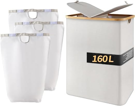 PotentForce Wäschekorb 160L mit Deckel, Sammlung in 2 Fächer, Zwei-Wege-Öffnung, moderner und faltbarer Kleiderkorb (Weiß)