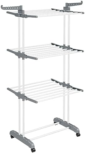 SONGMICS Wäscheständer, Standtrockner 4 Ebenen, Flügelwäscheständer, klappbare Flügel, mit Rollen, 64 x 126 x 172 cm, groß, einfacher Aufbau, für Innen- und Außenbereich, weiß LLR701W01, Edelstahl