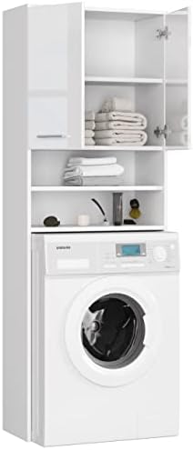 BDW Waschmaschinenschrank 180 x 64 x 30 cm – Glanz Badregal Hochschrank Waschmaschine Bad Schrank Badezimmerschrank Überbau Glänzend - Weiß