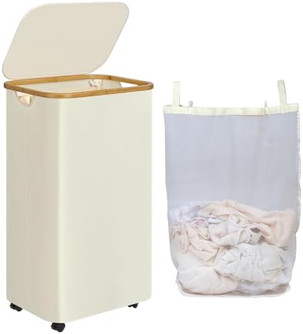 iEGrow 110L Wäschekorb mit Deckel, Großer Wäschesammler mit Rollen und Bambusgriff, Wäschekörbe mit Abnehmbarem und Waschbarem Innenbeutel für Wäschebäume Schlafzimmer Badezimmer (Beige)