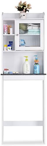 GIANTEX Waschmaschinenschrank, Toilettenschrank Badschrank mit Glastür & Marmorregal, höhenverstellbare Regalbretter & offene Fächer, Überbauschrank Hochschrank Bad, weiß