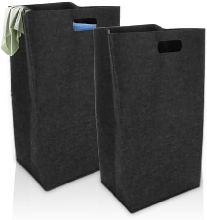 CYEER 2 Stück Schwarz Wäschekorb Filz 60L, Faltbar Wäschekorb Schmal, Wäschekorb Tragbar, Verdicktes Waschbehälter für Wäsche, Kleidung, Decken