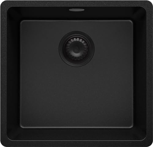 Spülbecken Schwarz 46x44 cm, Granitspüle 1 Becken + Ablauf-Set, Küchenspüle ab 50er Unterschrank, Einbauspüle von Primagran