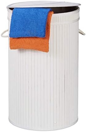Relaxdays, 65 l, weiß Wäschekorb, Wäschesammler mit Klappdeckel, Faltbare Wäschetonne, groß, rund Ø 40 cm, Polyester