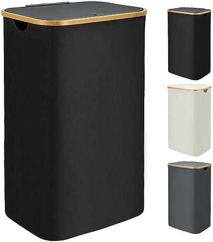 Bellzacasa Wäschekorb mit Deckel, 110L groß Wäschebox mit Bambus Henkel und Herausnehmbaren Wäschesack Laundry Basket with Lid, Faltbarer Wäschekörbe Waschekorbsammler mit Deckel (Schwarz)