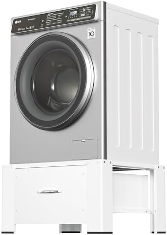 Tubiaz Waschmaschinen Untergestell mit Schublade, 62.5x54.5x32.5cm waschmaschinen unterschrank, Stahl Waschmaschinensockel, Waschmaschine Untergestell bis 150kg, Waschmaschinen Erhöhung Weiß