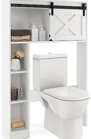 COSTWAY Toilettenschrank mit Schiebetür, Toilettenregal Holz, Badezimmerregal Badezimmerorganisator freistehend, Überbauschrank Waschmaschinenregal (weiß)