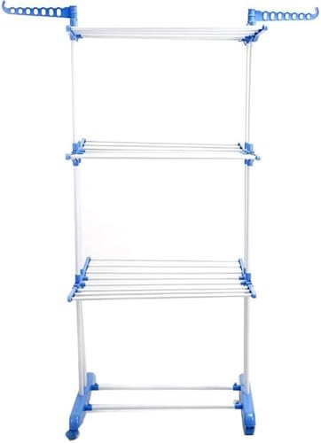 FAXIOAWA Wäscheständer Wäscheständer, 4-stufiger, Faltbarer Wäscheständer aus Edelstahl für Kleidung, mit 4 Rollen, mit Zwei Seitenflügeln, drinnen/draußen für Bettwäsche, Kleidung – Hellblau