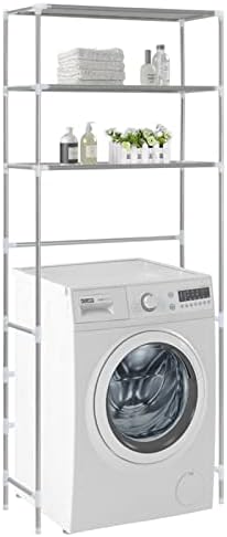 Gecheer Waschmaschinenschrank Waschmaschinenregal Badmöbel Badschrank Badregal Badezimmerschrank Hochschrank Waschmaschine Überbau Bad Regal 69 x 28 x 169 cm (L x B x H) Mit 3 Ablagen Silbern