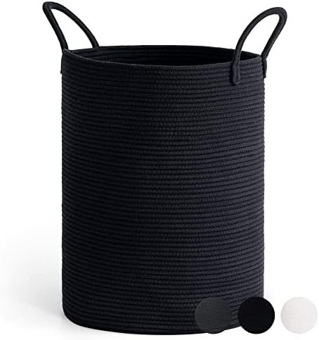Goodpick Wäschekorb Geflochten Groß Laundry Basket Aufbewahrungskorb mit Henkel Kinderzimmer Seil Baumwollkorb Handtuchkorb für Badezimmer Wohnzimmer Korb für Decken Baby Spielzeug, 38x50cm, Schwarz