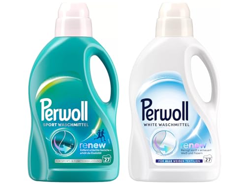PERWOLL Flüssig-Set 2x 27 Waschladungen (54WL) 1x Sport & 1x White, Hygiene Waschmittel reinigt sanft, entfernt schlechte Gerüche & Feinwaschmittel erneuert Weiß und Fasern