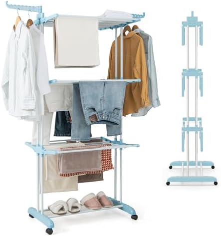 COSTWAY 4-Stufiger Wäscheständer mit Rollen, Wäschetrockner zusammenklappbar mit 2 drehbaren Seitenflügeln, Freisteheneder Standtrockner Wäscheturm Ausziehbar für Innen und Draußen (Blau)
