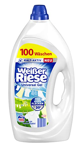 Weißer Riese Universal Gel (100 Waschladungen), Vollwaschmittel sorgt für strahlend saubere Wäsche & wirkt riesig stark gegen Flecken, Kalt-Aktiv schon ab 20° C, 100% recycelbar