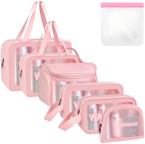 Aucuu Reise Kulturbeutel, Transparente Kosmetiktasche, PU-Leder PVC Kulturtasche Organizer, Tragbare Kultur Waschtasche, Reißverschluss Make up Tasche für Damen Männer 6PC (Rosa)