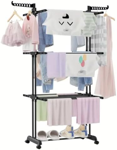 Cunsieun Wäscheständer,Turm-Wäscheständer,Stehende Faltbare Wäschetrockner,Wäscheständer für den Innenbereich,Vier Etagen mit supergroßem Raum,360°drehbare Rollen,Schwarz mattiert