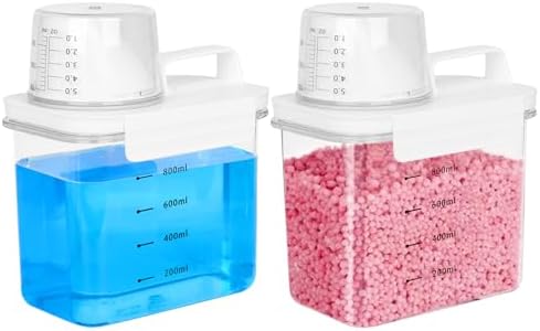 W&H 2 Stück Waschmittel Aufbewahrung mit Messbecher, 1100ml Waschpulver Aufbewahrungsbox, Luftdichter Waschmittel Dosierhilfe, Waschmittelbox für WeichspüLer Waschpulver