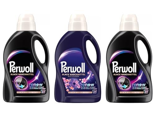 PERWOLL Flüssig-Set 3x 27 Waschladungen (81WL) 2x Black & 1x Black Blütenmeer, Feinwaschmittel-Set reinigt sanft und erneuert dunkle Farben und Fasern, mit Dreifach-Renew-Technologie