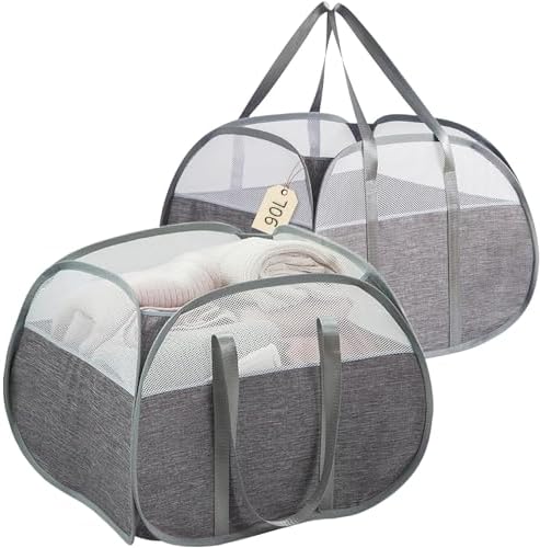 Faltbarer Wäschekorb 90L, 2 Stück Pop Up Wäschekorb, Zusammenklappbarer Wäschekorb mit Henkel,Wäschebox aus Mesh Aufbewahrungskorb für Kinderzimmer College Dorm Camping Und Reisen,Grau