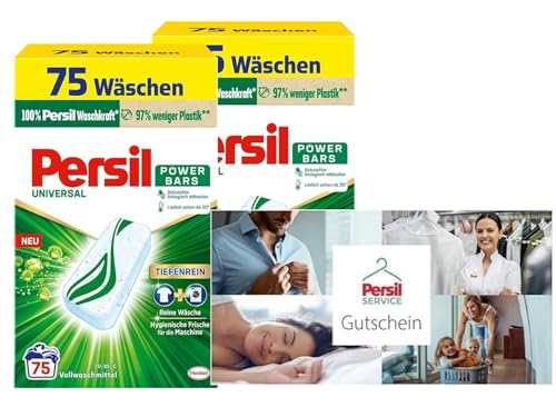 10 € Persil Service Gutschein - Textilreinigung via Paketversand & Persil Power Bars Universal Waschmittel 150 Waschladungen (2x 75 WL), für reine Wäsche & hygienische Frische