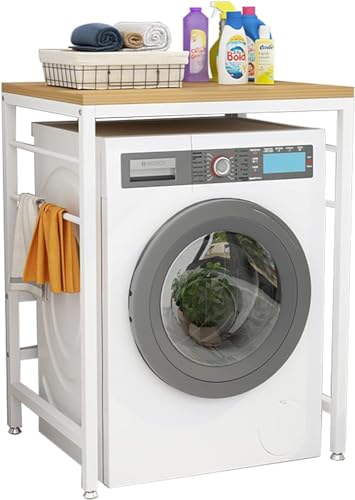 GJVBGA Wäscheregal für Frontlader, Waschmaschine und Wäschetrockner, freistehende Badezimmer-Aufbewahrungseinheit (Farbe: weißer Rahmen + helles Walnuss)