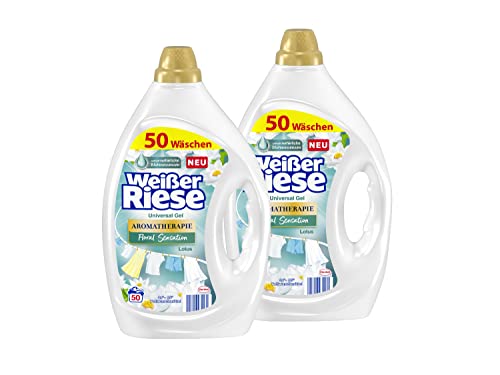 Weißer Riese Universal Gel Aromatherapie Floral Sensation Lotus (2x 50 Waschladungen), Vollwaschmittel für strahlend saubere Wäsche wirkt riesig stark gegen Flecken schon ab 20° C, 100% recycelbar