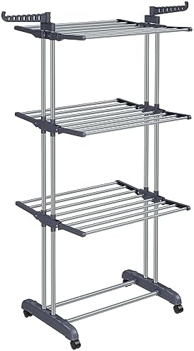 SONGMICS Edelstahl Wäscheständer, Standtrockner 4 Ebenen, Flügelwäscheständer, klappbare Flügel, mit Rollen, 64 x 126 x 172 cm, groß, einfacher Aufbau, für Innen- und Außenbereich, grau LLR701G01