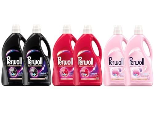 PERWOLL Flüssig-Set 6x 52 Waschladungen (312WL) 2x Black & 2x Color & 2x Für Wolle & Feines, Feinwaschmittel-Set reinigt sanft, Waschmittel mit Dreifach-Renew-Technologie