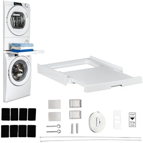 CARE+PROTECT Universaler Zwischenbaurahmen mit ausziehbarem Boden für Waschmaschinen und Trockner, passend für Geräte mit Tiefe 47-62 cm, platzsparend, weiß, eckige Front