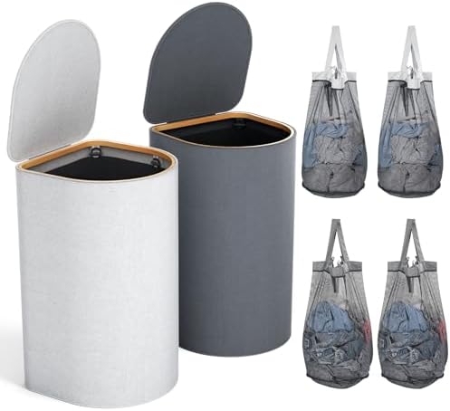 HELLKOPF 2er Pack Wäschekorb mit Deckel 140L Groß Kapazität - Wäschesammler mit 2 Fächer zum Sortieren der Schmutzwäsche, 4 Abnehmbar Innensäcke, Faltbare Laundry Baskets und Einfach zu Montieren