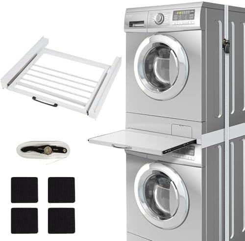 Verbindungsrahmen mit Ausziehbarer Handtuchhalter aus Stahl | 61x55cm | Max.100kg | Universal Zwischenbaurahmen für Waschmaschine Trockner, Waschmaschinenzubehör Trocknerzubehör, Weiß