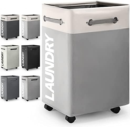 Rieeyrslza Faltbare Wäschekörbe mit Rad 74L Großen Faltbarer Wäschekorb Rechteckiger wasserdichter Wäschebehälter Faltbare Wäschekörbe mit Rad Praktischer Wäschesammler (White + Hellgrau o2)