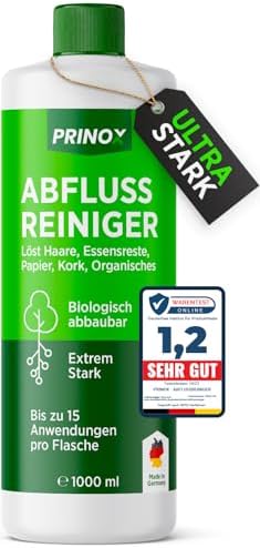 PRINOX® Abflussreiniger 1000ml EXTRA STARK - Profi Rohrreiniger löst Haare, Essensreste & schwerste Verstopfungen - Rohrfrei gegen hartnäckige Verstopfungen & üble Gerüche - Biologisch abbaubar