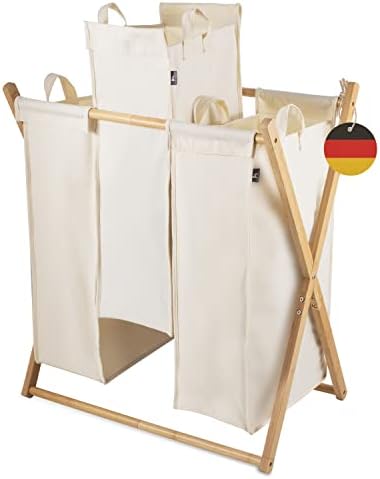 Hennez Wäschesammler XXL - Wäschekorb 3 Fächer - Wäschesortierer Wäschebox - Holz - Wäschetrenner Beige - Wäsche Sortiersystem Bambus - Wäschkorb - Laundry Basket