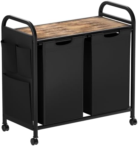 E-MANIS Wäschekorb mit Seitentaschen,2 Fächer 48L Wäschesammler,Ausziehbarer Wäschekorb mit oberem Regal und abnehmbaren Taschen und Griffen, Wäschesortierer für Waschküche Schlafzimmer Bad,Schwarz