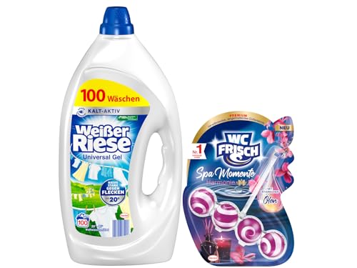 Weißer Riese Universal Gel (100 Waschladungen), Vollwaschmittel sorgt für strahlend saubere Wäsche & WC-Frisch Spa Momente Harmonie Toilettenstein (1x 50g), WC Duftspüler, 1er Pack