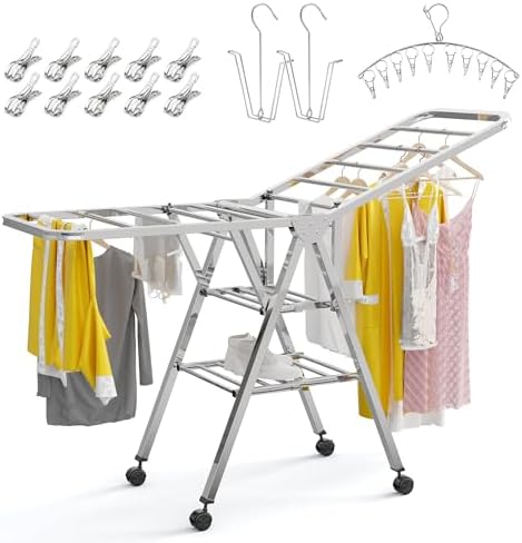 Lphianx 160cm Wäscheständer, zusammenklappbarer Wäscheständer mit 3 Ebenen für große Wäscheladungen, vormontiert, robuster Edelstahl, 10 Kleiderklammern, 2 Schuhbügel, 1 kleiderbügel mit 10 Clips