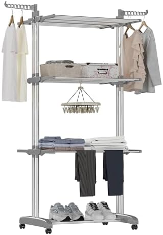 YOUDENOVA Wäscheständer Turm Wäscheturm Wäschetrockner Ständer Ausziehbar Standtrockner Metall 170cm Höhe Faltbar(Quer) Grau