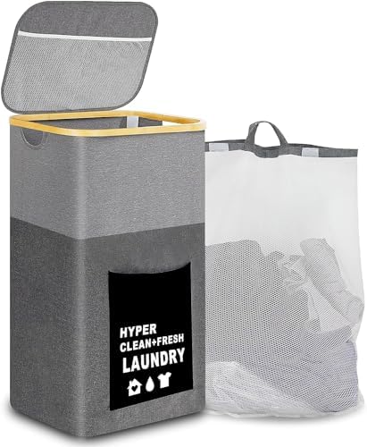Atsense WäSchekorb mit Deckel, 110L WäSchesammler Schmal mit Bambus Henkel und Innentasche, Grau Laundry Baskets, Groß Hoch WäSchebox füR Die Aufbewahrung Von SchmutzwäSche
