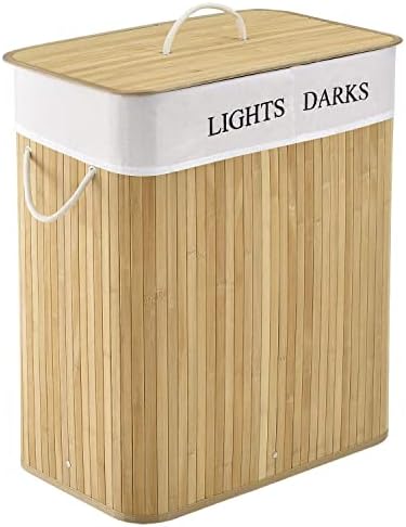 Juskys Bambus Wäschekorb Curly 100 Liter Natur - Wäschesammler mit Deckel, Griff & 2 Fächer - Stoff Wäschesack herausnehmbar & waschbar Wäschetonne