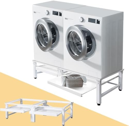 Doppel Untergestell inkl. Ausziehbare Ablage für Waschmaschinen Trockner | 124x58.5cm | Max. 2x150kg | Stabiler 2 Fach Waschmaschinensockel Doppeluntergestell Unterbau Podest Erhöhung Unterschrank