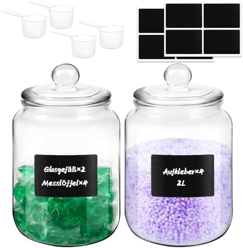 Waschmittel Aufbewahrung, 2 Stück, 2L Glas, Waschpulver Aufbewahrungsbox, BehäLter für Waschpulve, für WeichspüLer Aufbewahrung, Waschmittel Aufbewahrung Flüssig, Waschmittel Aufbewahrung Pulver