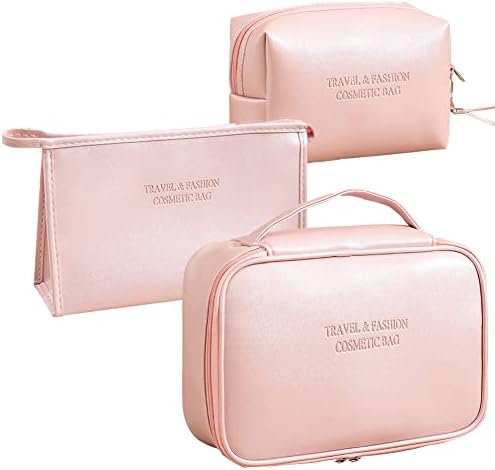 Veki Kulturbeutel 3 Stück Satz Kulturtasche, Pu Leder Große Kosmetiktasche Tasche Veranstalter für Frauen und Mädchen Tragbare wasserdichte Reise Kosmetiktaschen Beutel (Rosa Leder)
