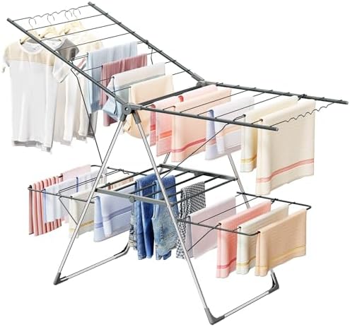 Innotic Wäscheständer Klappbar 3 Etagen Wäschetrockner mit Flügeln für Lange Kleidungsstücke, Platzsparende Wäscheständer Standtrockner für Balkon Drinnen Draußen (grau)