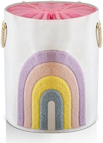 INough Baby Wäschekorb Rosa Wäschesammler, Canvas 58L Extra Großer Babywäschekorb mit Zugverschluss Mädchen Wäschekorb für das Kinderzimmer, Spielzeugkörbe Kinderwäschekorb (Regenbogen)