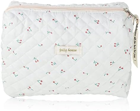 FANTESI Reise Kosmetiktasche aus Baumwolle, Groß Gesteppte Make up Tasche Kulturtasche Damen mit Blumenmuster, Kosmetiktasche Groß Kapazität für Frauen Gesteppte Kosmetiktasche(Weiß)