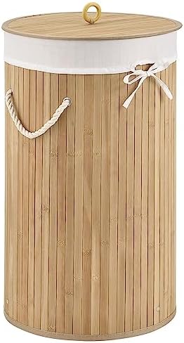 Juskys Bambus Wäschekorb Curly-Round - 55 Liter Volumen - Wäschesammler mit Deckel, Tragegriffen & Stoff Wäschesack - 1 Fach Wäschebox - Natur