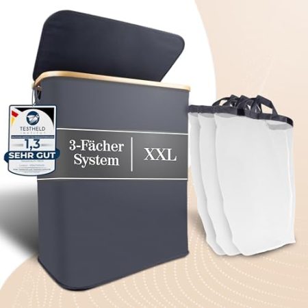 Luxpur® Wäschekorb XXL mit Deckel 3 Fächer Wäschesack Bambus Wäsche-Sortier-System Faltbare Wäschebox Wäschesammler Wäschetrenner Wäschetruhe Laundry Basket