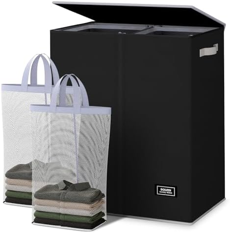 SOLEDI 145L Wäschekorb, Wäschesammler 2 fächer mit Deckel und 2 Wäschesack - Wäschesortierer Groß XXXL Für Badezimmer, Schlafzimmer, Wäschekammer, Kinderzimmer - 2 x 72.5L Schwarz